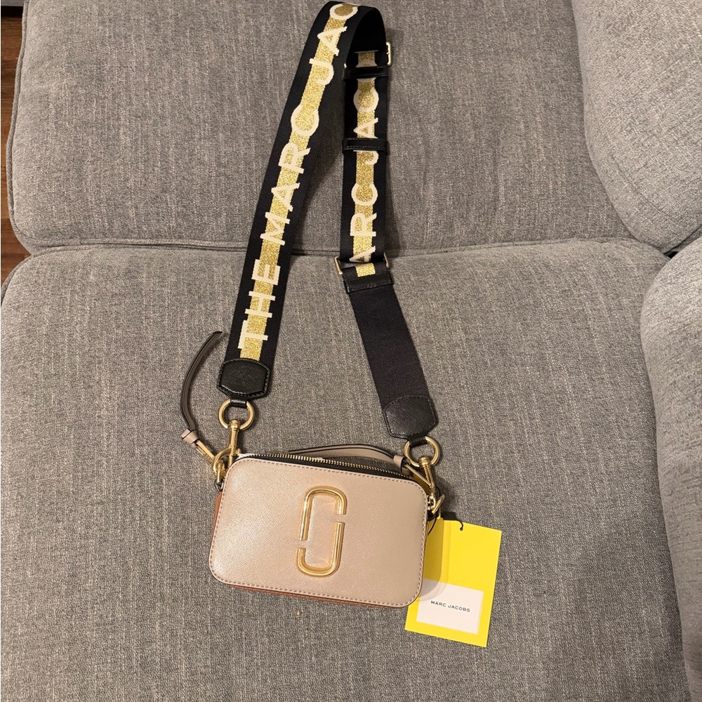 Marc Jacobs Beige Snapshot Crossbody with Black Logo Strap and Gold Hardware